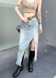 Skirts Korean Design Women's Long Denim Skirt Vintage High Wasit Jeans Side Split A-line Maxi