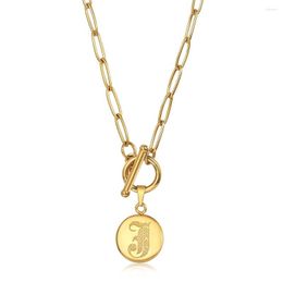 Pendant Necklaces Initial Letter Disc Coin Charm Necklace Gold Colour Stainless Steel Paperclip Link Chain For Women Men Gift DN257