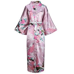 Long Style Loose Japanese Satin Peacock Woman Yukata Dress Sleepwear Oriental Kimono Haori Chinese Qipao Nightgown Robe2437