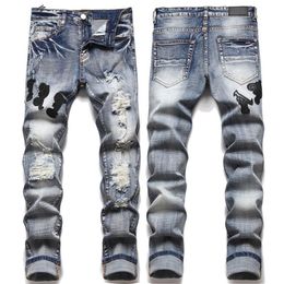 Patch Biker Jeans Men's Fashion Slim Vintage Casual Denim Pants Damage Long Moto Trousers286q