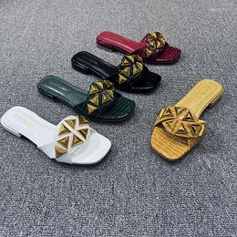 Sandals Sexy Women Slippers High Heels Metal Decoration Slip-On PU Square Toe Flat British Style Quality Shoes Green White