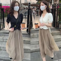 Work Dresses Women's Outfits Skirts Suit White Short Sleeve Tops High Waist Skirt Simple Korean Summer Two-piece Set Women Clothing Q173