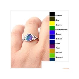 Solitaire Ring Creative Temperature Sensitive Change Color Mood Rings For Women Vintage Opal Gemstone Finger Fashion Emotion Dhfjq