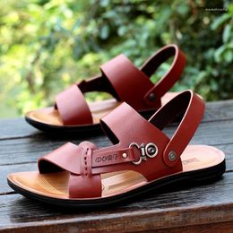 Sandals 2023 Summer Men's PU Leather Beach Shoes Casual Men Fashion Slippers Stripe Rubber Mens