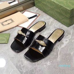 Designer style sandals Summer square toe flat heel slippers Black white leather outdoor dress Flip-flops 35-40