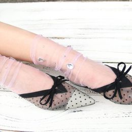 Women Socks Retro Lace Floral Mesh Diamond Middle Tube Transparent Sock Breathable Silk Ultra Thin Tulle