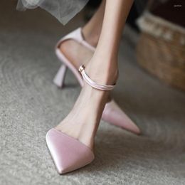 Dress Shoes Hin Heels 7cm One Strap Buckle Pumps Party Heel French Style Pointed Toe High Sandals Woman Soft Silk Wedding T