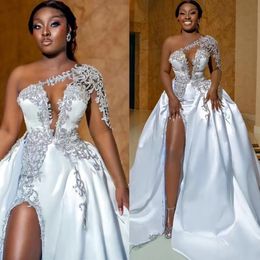 Luxury Satin A Line Wedding Dresses Beading Side High Slit Sexy Vestidos De Novia African One Shoulder Bridal Gowns Custom Made
