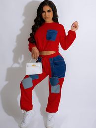 Women's Two Piece Pants Jeans Patchwork 2 Sets Womens Outfits Autumn Clothes Sweatshirt Crop Top Jogger Suit Active Tracksuit Women