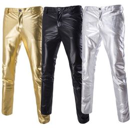 Men Faux Leather Biker Pants Wet Look Stage Trousers Metallic Shiny Slim Fashion268r