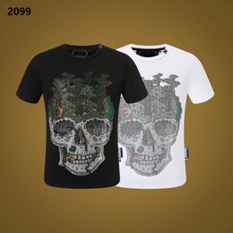 Men's Summer T-shirt Creative Skull Abstract Forest Letter Hot Drill Personality Trend Printing Hip Hop Style Round Neck Comfortable Breathable Men's Pure Cotton Top