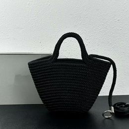 Top Ibiza Small Basket in black cord tote bag Women's Summer Beach Bags Two handles Handbags Luxury Designer totes with strap