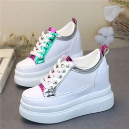 Dress Shoes Stylish Super High Heel 10cm Lace Up Casual Sneakers All-Match Leather Surface Light White Small Man Skinny Women