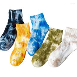 Women Socks 5 Pairs/Lot Fashion Tie-Dye Breathable Cotton Casual Middle Tube Colourful Novelty Pattern Funny Happy