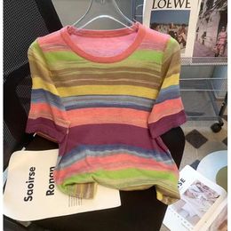 Women's T Shirts Summer Thin Striped Knit Colour Pullover Sweater Women Casual Fashion Loose Tees T-shirt Short Sleeve O-neck Ladies Knitwear