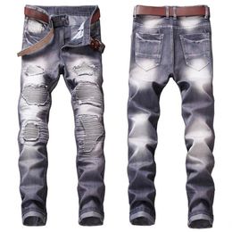 Mens Pleated Panelled Biker Jeans Fashion Designer Straight Leg Motocycle Slim Fit Washed Luxurr Denim Pants Trousers197c