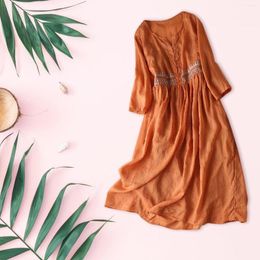 Casual Dresses Button Dress For Women 2023 Ladies Embroidered Artistic Full Length Half Sleeve Loose Sundress Summer