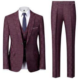 Men's Suits Burgundy Men Suit 3 Pieces Business Casual Cheque Slim For Wedding Banquet Office Work Wear Tuxedos Set Jacket Vest With Pants