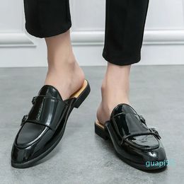 Designer Black Men Sandals Slippers Leather Double Buckle Men Shoes Round Toe Spring Autumn Handmade Size 38-47