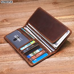 Genuine Leather Wallet For Men Vintage Crazy Horse Long Bifold Slim Men's Purse Chequebook Wallet Cash With ID Window Card Holder