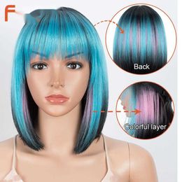 Synthetic Wigs 10 Inch Short Straight Bob Wig Synthetic Bangs for Women Blue Blonde Party Daily Use Shoulder Length Fake Hair 230227