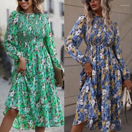 Casual Dresses Womens Bohemian Summer Floral Print Dress Sexy Puff Long Sleeve Round Neck Smocked Flowy A Line