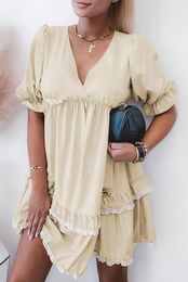 Casual Dresses Apricot Tiered Ruffled Puff Sleeve V Neck Babydoll Dress