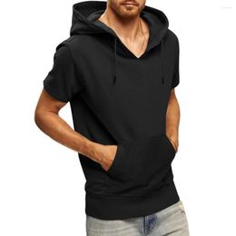 Men's Hoodies 2023 Men Hooded T-shirt Short Sleeve Drawstring Front Pocket Sweatshirt Tee Shirt Streetwear