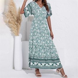 Casual Dresses Floral Print Bohemian Short Sleeve V-Neck Boho Beach Long Dress Holiday Loose Sundresses Women Robe Femmes