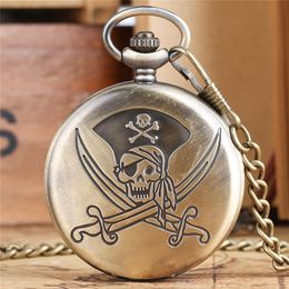 Bronze Classic Pirates of Skull Design Pocket Watches Steampunk Quartz Watch Necklace Chain Gifts Mens Women Kids222q