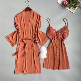 Women's Sleepwear V-Neck Nightwear 2 Pieces Robe Gown Set Femme Sexy Bathrobe Chemise Nightgown Suit Summer Lace Intimate Lingerie