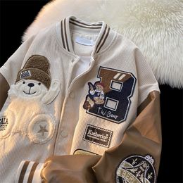 Womens Jackets Japanese bear flocking embroidered baseball jacket men and women autumn and winter style corduroy jacket Y2K 230705