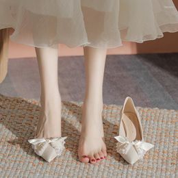 Dress Shoes Apricot High Heels Autumn Elegant Women Shallow Pointed Toe Thick Pearl Design Bridesmaid Engagement Shoe
