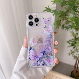 For iphone 13 14 plus pro max case cover glittery flow quicksand pretty butterfly pattern clear transparent tpu crystal luminous phone case