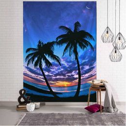 Tapestries Coconut Tree Landscape Art Tapestry Colourful Sun Moon Starry Sunset Wall Hanging Decoration Room R230706