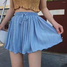 Women's Shorts Summer Lace Up Loose Short Skirts Casual High Waist Blue Wide Leg Skirt Pleated Thin Elegant Korean Polyester Women