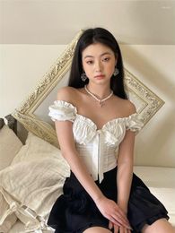 Women's Blouses Kawaii White Blouse Women Sweet Ruffles Puff Sleeve Crop Tops Summer Short Casual High Street Korean Fashion