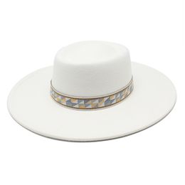 British Style Men Women Wool Felt Fedoras Hat 9.5CM Wide Brim Flat Bowler Jazz Church Cap Ladies Elegant Dress Hats