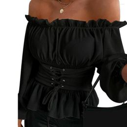 Women's Blouses Fall Shirt Women Blouse Shoulderless Shirring Ruffle Backless Tight Waist Lace Up Long Lantern Sleeves Solid Colour Lady Top