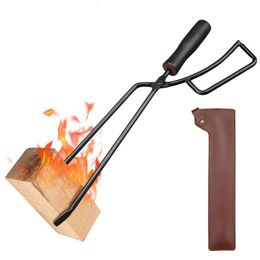 BBQ Grills Barbecue Charcoal Clip Iron Wood Handle AntiScalding with Leather Cover Outdoor Camping Bonfire Stove Fireplace Fire Tongs 230706