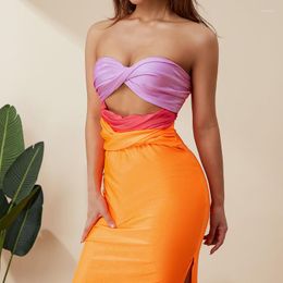 Casual Dresses Women Bodycon Long Dress Evening Party Summer Clothes Strapless Twist Front Contrast Colour Tube Sexy Club Streetwear