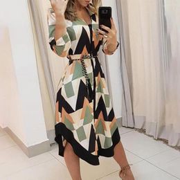 Casual Dresses Women's Shirt Dress Spring Autumn Lady Cover Up Wave Print Long Sleeve V-Neck Loose Holiday Midi Sundress