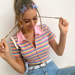 2023 Women's Rainbow Stripe T-shirt Top Slim Fit Polo Neck Zipper Open Navel Short Sleeve blouses women cotton blouse rabbit ladies shirts