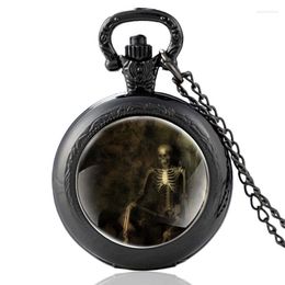 Pocket Watches Retro Skull Skeleton Black Unique Quartz Watch Men Women Glass Dome Classic Pendant Necklace Hours Clock