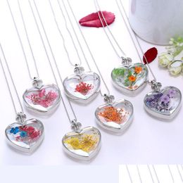 Pendant Necklaces Fashion Dried Flowers Plant Specimen Bottle Glass Love Heart Pendants For Women Locket Party Jewellery Drop Delivery Dhvuv