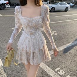 Casual Dresses Ezgaga Sexy Autumn Dress Women Square Collar Long Sleeve See-through Clubwear Lace A-Line Ladies Elegant