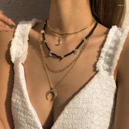 Pendant Necklaces Women's Personality Multi-Layer Moon Necklace Bohemian Nation Vintage Beads Chain Metal Long Pendants Chokers Girl Daily