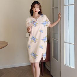 Women's Sleepwear Summer Silk Like Thin Pyjamas Satin Nightgown Printing Short Sleeve Knee Length Sleeping Dress Loose Home Clothing