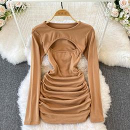 Casual Dresses Korean Fashion 2023 Spring Hollow Slim Pleated Dress Girls Long Sleeves Women Mini Short Ruched Wrap