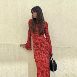 Casual Dresses SKMY Red Rose Floral Printed Chiffon Long Sleeve Summer Maxi Dress Slim High Waist Round Neck Bodycon Clothes For Women